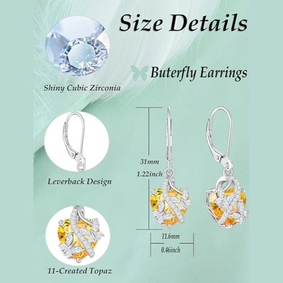Children Topaz-Nov Butterfly 925 Sterling Silver Heart Earrings Birthstone